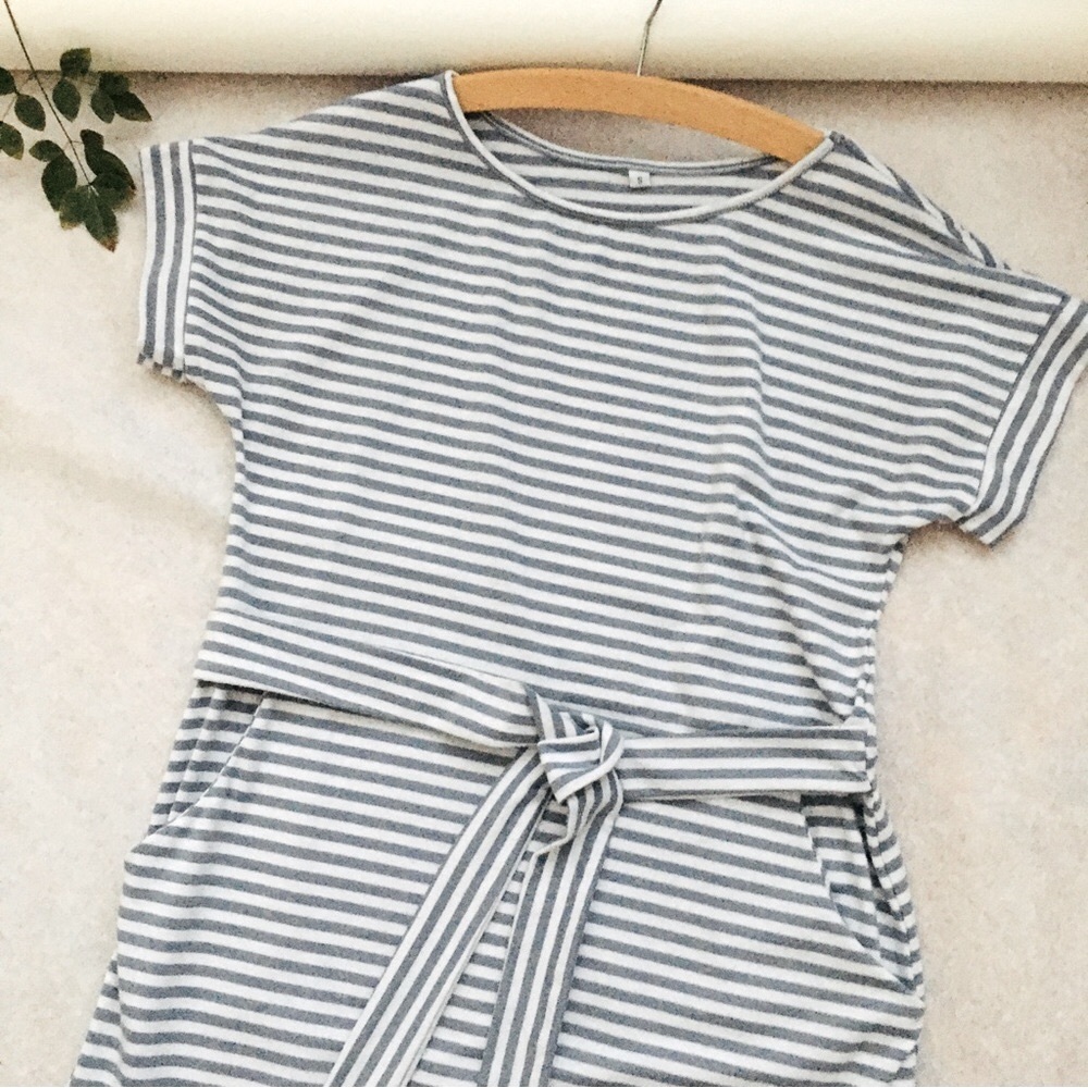 LP Gray White Horizontal Stripes Casual Knee Length Knit Dress Belted - Picture 1 of 8